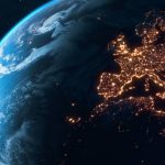 High quality 3D rendered image, made from ultra high res 20k textures by NASA: https://visibleearth.nasa.gov/images/55167/earths-city-lights, https://visibleearth.nasa.gov/images/73934/topography, https://visibleearth.nasa.gov/images/57747/blue-marble-clouds/77558l