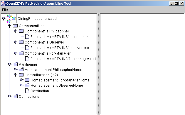 Packaging/Assembling Tool editing the Dining Philosophers assembly descriptor