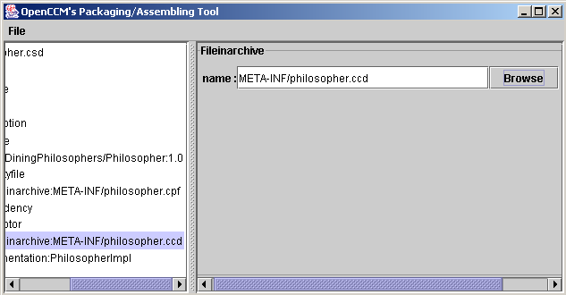 Packaging Tool editing the Dining Philosophers assembly descriptor